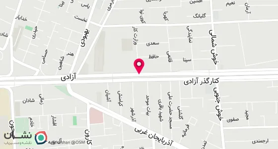 نقشه موقعیت تقریبی دفتر: تهران، محله سلسبیل شمالی، خیابان آزادی، روبروی وزارت کار،‌ساختمان 442 ‌پلاک 308،‌طبقه 2،‌واحد 17