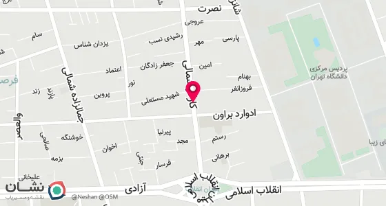 نقشه موقعیت تقریبی دفتر: کارگر شمالی، چهار راه فرصت شیرازی، بین خیابان ادوارد براون و رهنما، پلاک 1407، طبقه 1