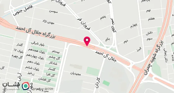 نقشه موقعیت تقریبی دفتر: تهران، بزرگراه جلال آل احمد، بین خیابان شهرآرا و خیابان پاتریس لومومبا، شماره 34، طبقه همکف