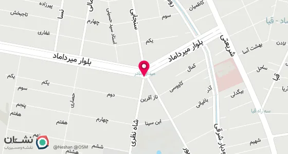 نقشه موقعیت تقریبی دفتر: بلوار میرداماد میدان محسنی (مادر)خیابان شاه نظری نبش کوچه دوم برج ناهید پلاک18(28 )طبقه 13واحد1