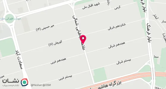نقشه موقعیت تقریبی دفتر: سعادت آباد-خیابان علامه شمالی-بین خیابان 16 و 18 شرقی-ساختمان علامه-طبقه 5-واحدبی