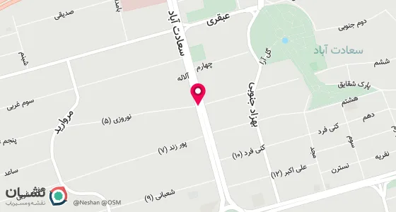نقشه موقعیت تقریبی دفتر: سعادت اباد- بالاتر از میدان کاج - نبش خیابان نوروزی - پلاک 6- واحد 6